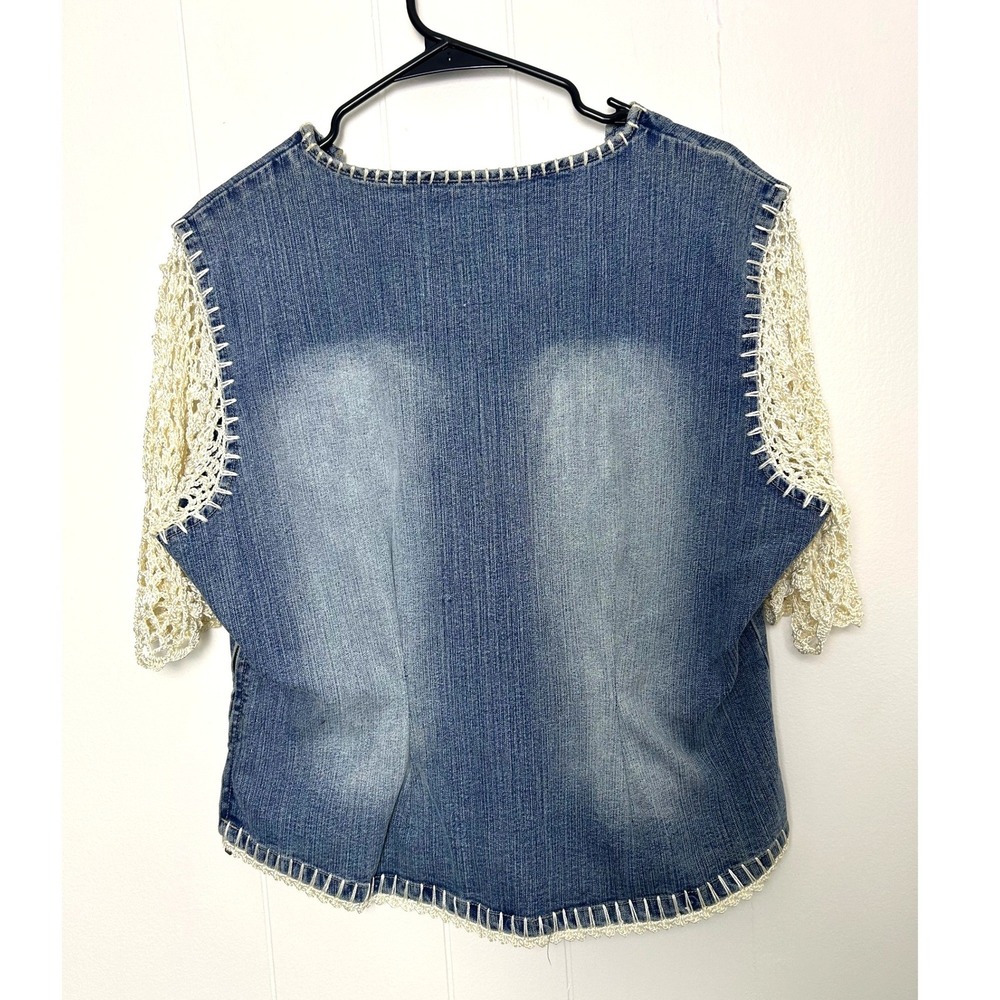 Crest Jeans Top L Blue Crochet Sleeve Denim V-Neck Boho Y2K Western Festival - Picture 2 of 11